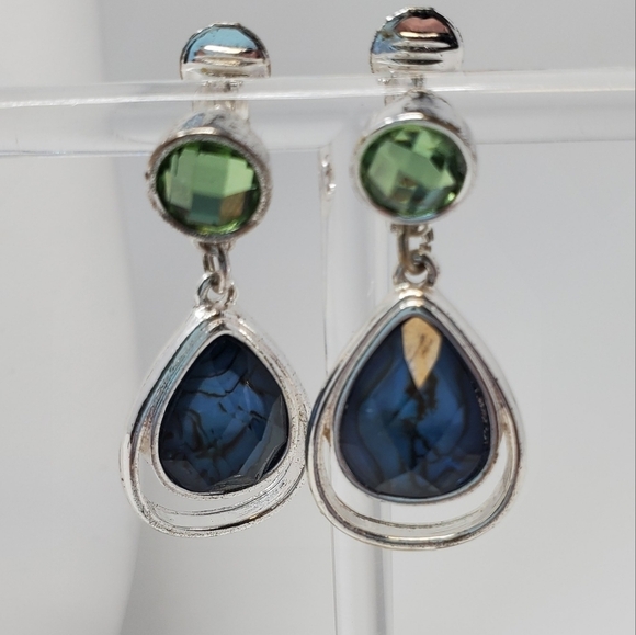 NAPIER DEMI PARURE NECKLACE CLIP ON EARRINGS SILVER BLUE GREEN FAUX STONE BEADS - Picture 5 of 16